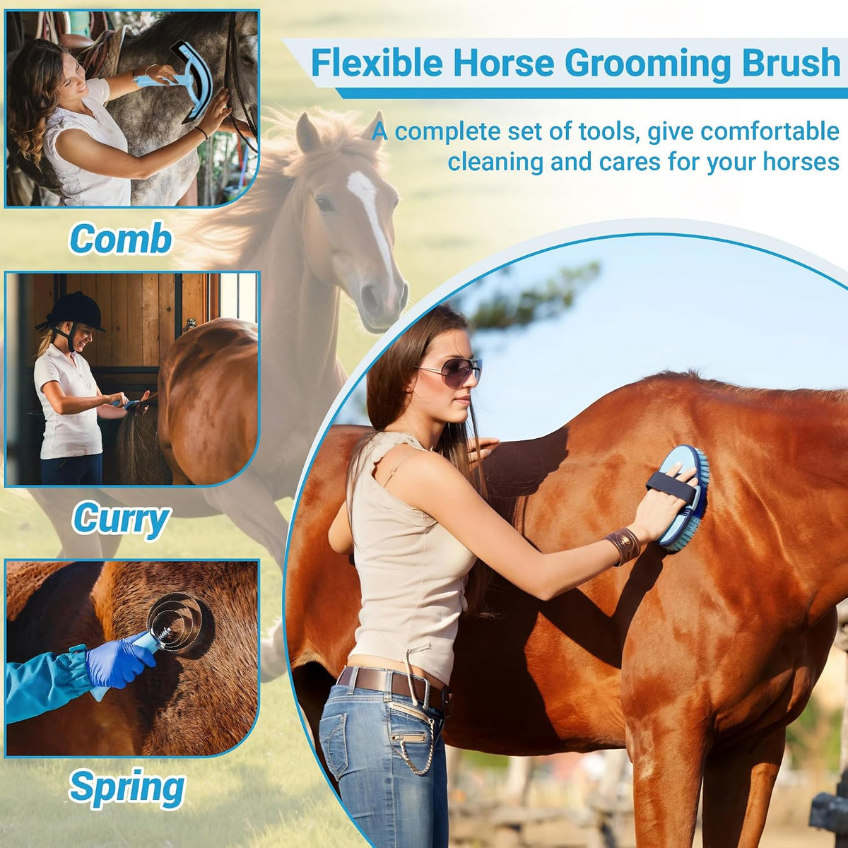 Rouisxue mane and tail detangling brushes, braiding combs, and rubber bands arranged on a flat surface.