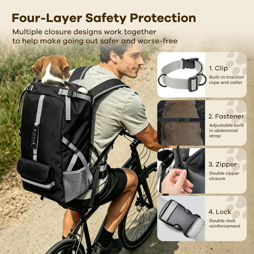 Close-up view of the internal safety leash mechanism and reinforced security buckles inside the ZIPOWEY pet carrier.