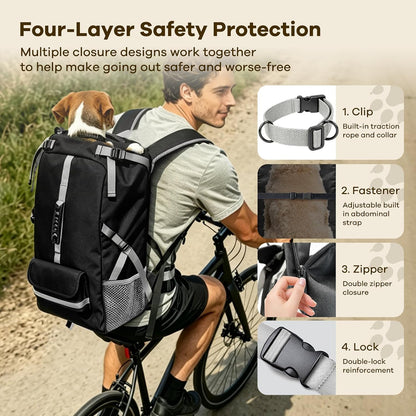 Close-up view of the internal safety leash mechanism and reinforced security buckles inside the ZIPOWEY pet carrier.