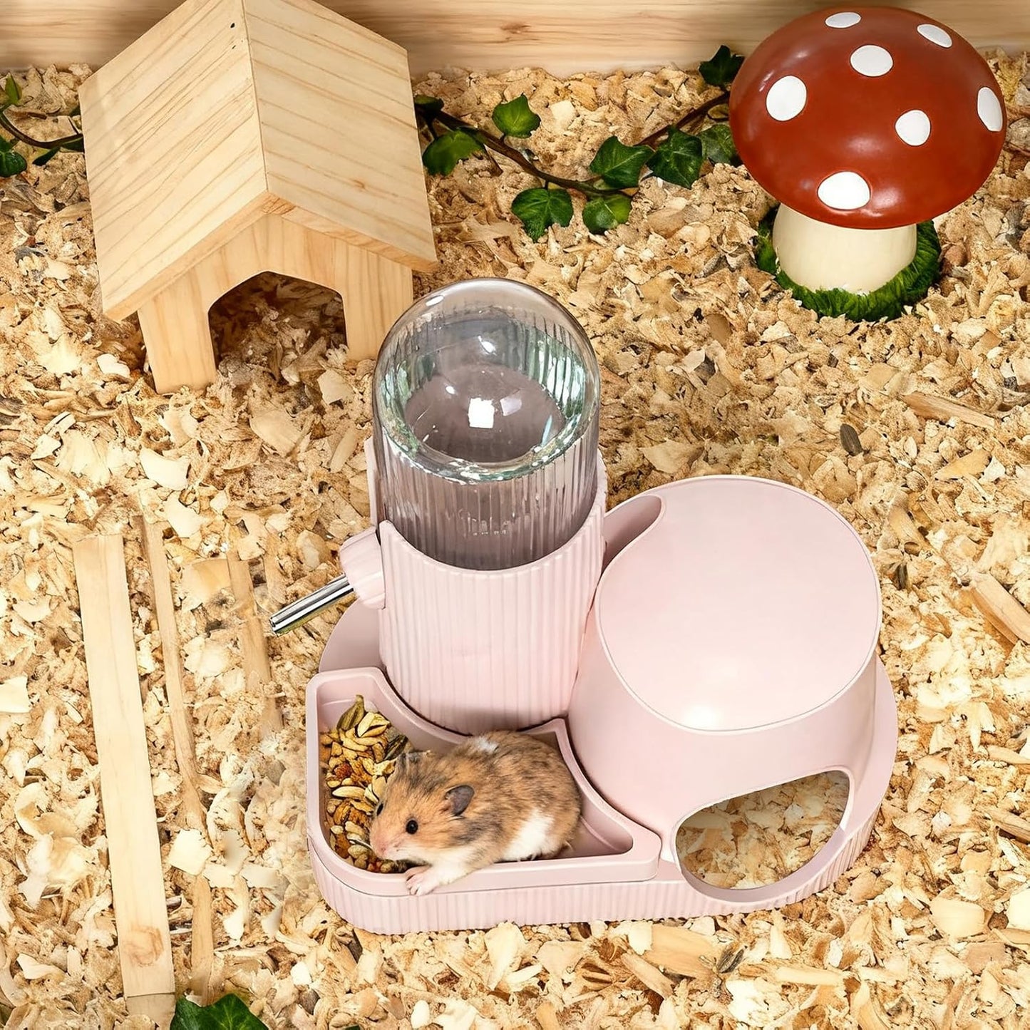3 in 1 Hamster Water Bottle No Drip Automatic Water Dispenser with Food Bowl Container & Hideout Base Hut for Dwarf Hamster Mouse Rat Gerbils Mice Cage Accessories (Pink) - Image 6