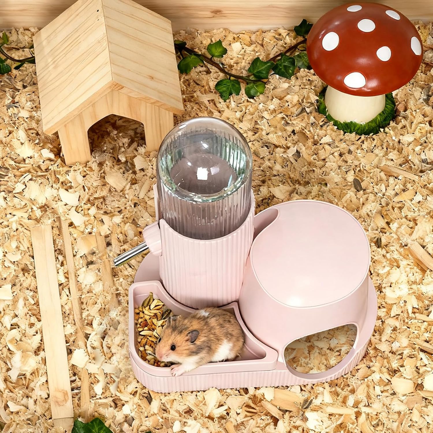 3 in 1 Hamster Water Bottle No Drip Automatic Water Dispenser with Food Bowl Container & Hideout Base Hut for Dwarf Hamster Mouse Rat Gerbils Mice Cage Accessories (Pink) - Image 6