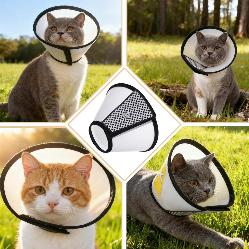 Two pieces of white and black bordered soft pet cones displayed together for sizing reference