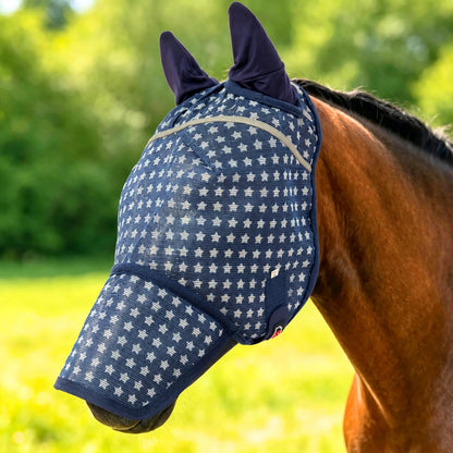Horse grazing while wearing Barn and Stable fly mask