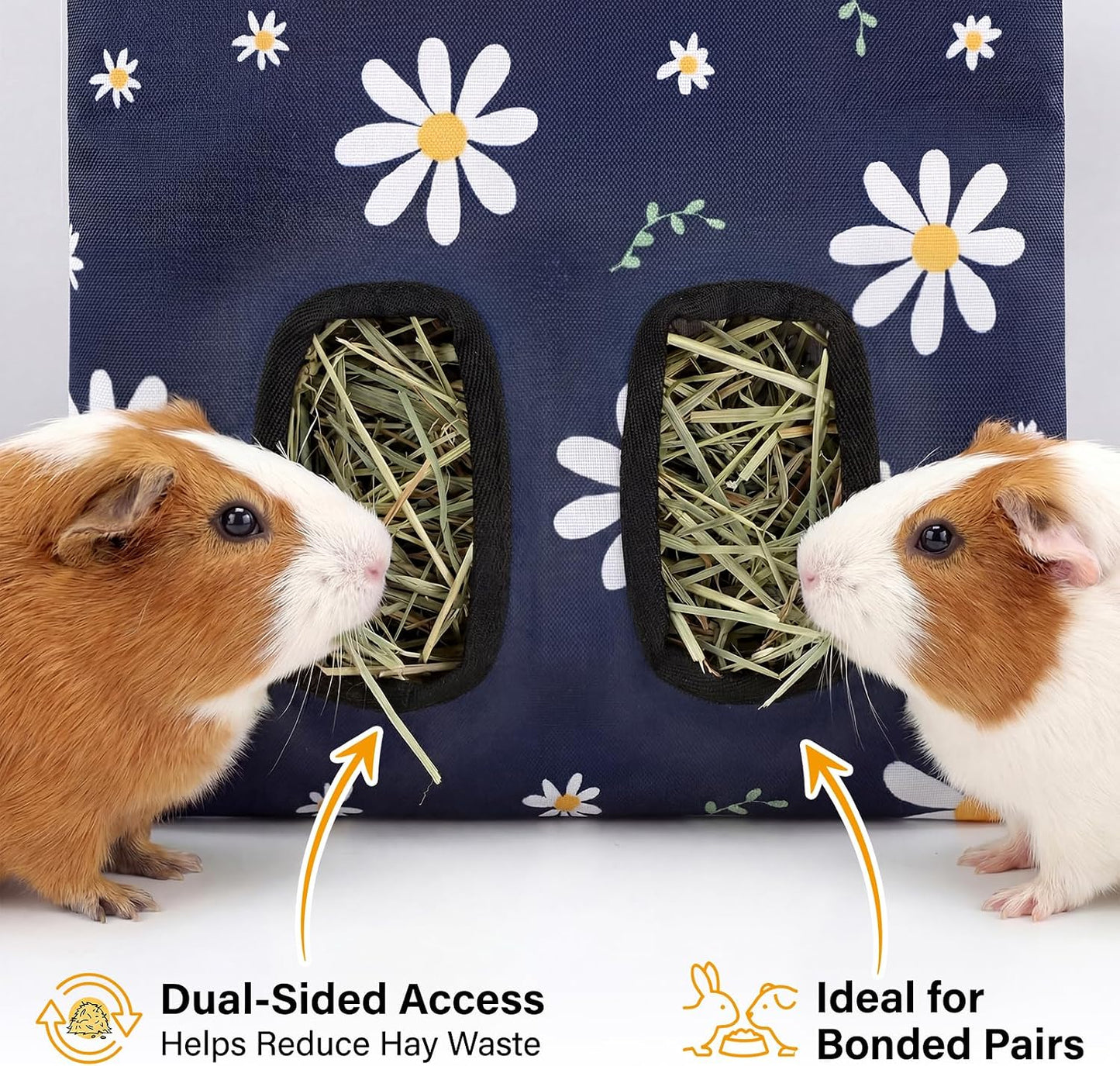 Ondware Rabbits Hay Feeder Bag for Bunny - Hanging Washable Dual-Port Hay Dispenser for Rabbits, Guinea Pigs; 600D Oxford Fabric, Collapsible, Blue Daisy Pattern - Image 4