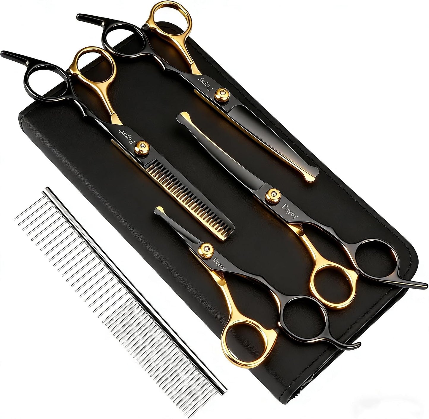 Fcysy seven piece dog grooming set showing the thinning shears and grooming comb.