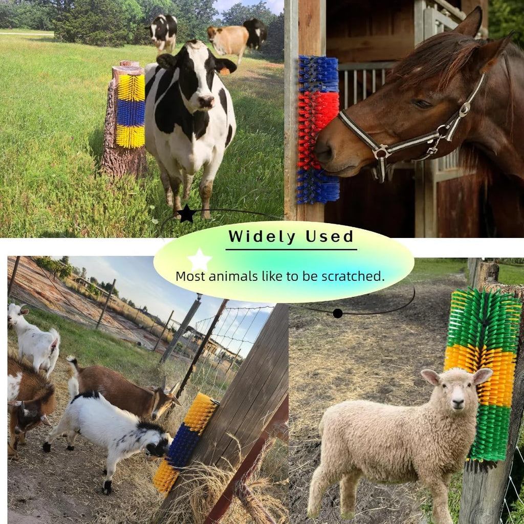 Close up view of durable nylon bristles on a green and yellow cattle brush.