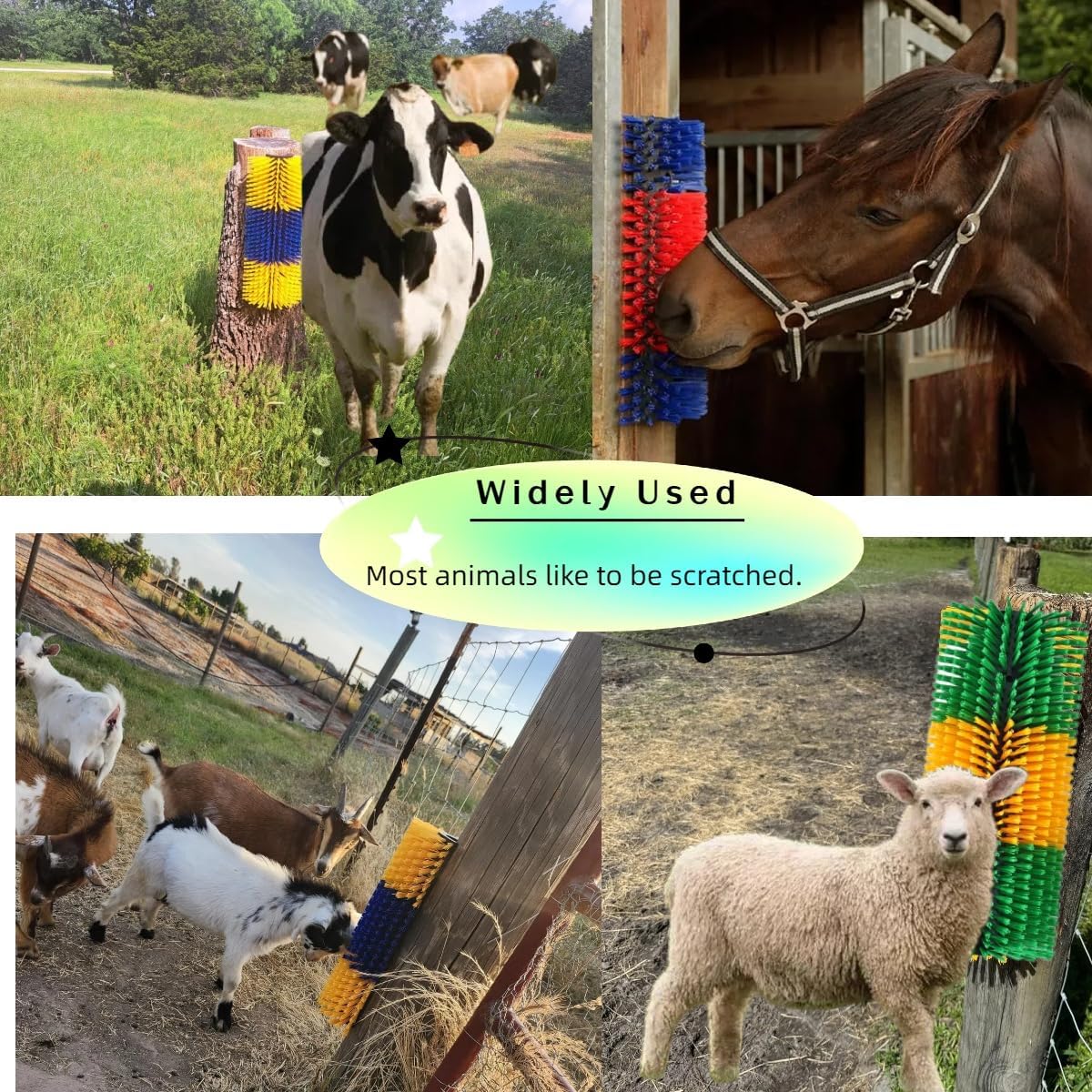 Close up view of durable nylon bristles on a green and yellow cattle brush.
