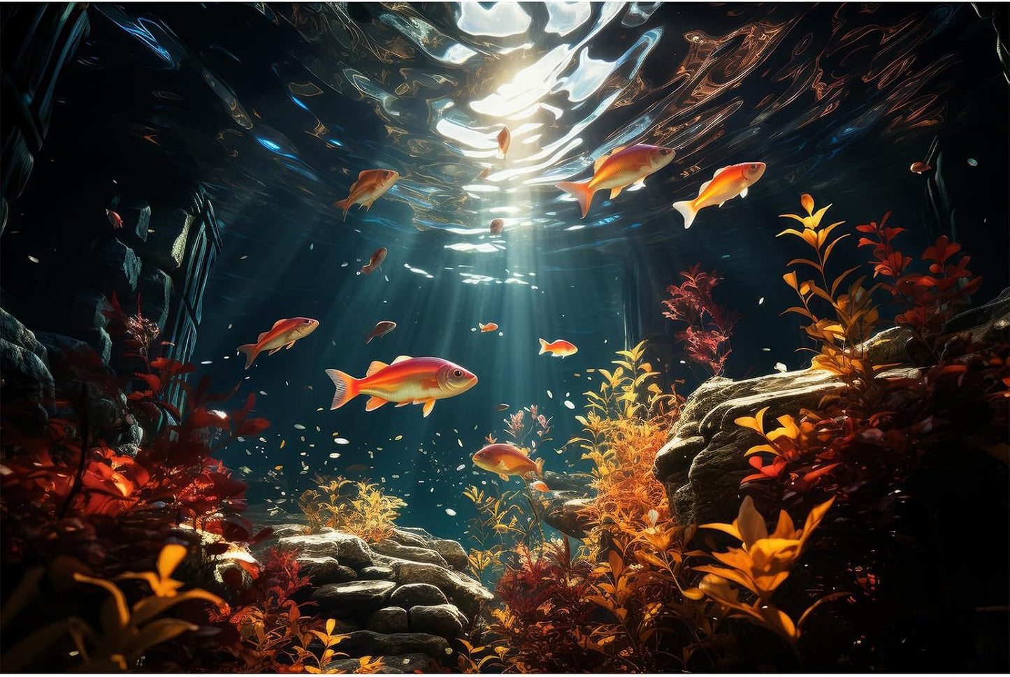 Underwater Aquarium Background Underwater Aquatic Plants with Sunbeams Fish Tank Background Rock with Lush Moss Terrarium Background Aquarium Backdrop For Tank Decorations Poster Vinyl 24x12in - Image 14
