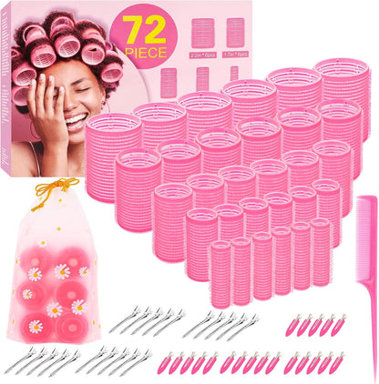 YHOVID 5 size hair rollers 72 piece set front view showing pink self grip curlers and clips