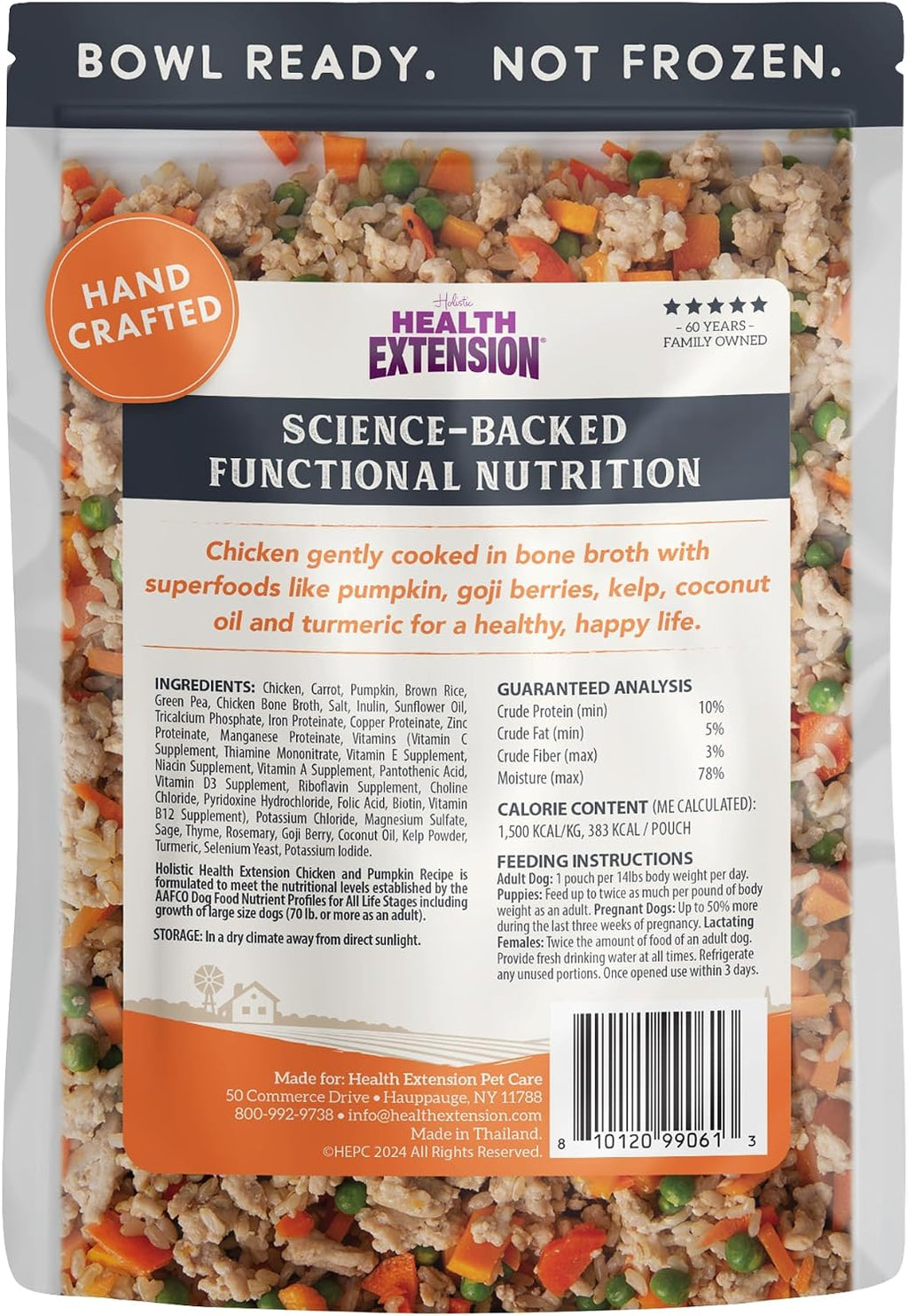 Health Extension dog food pouch nutritional label and ingredients
