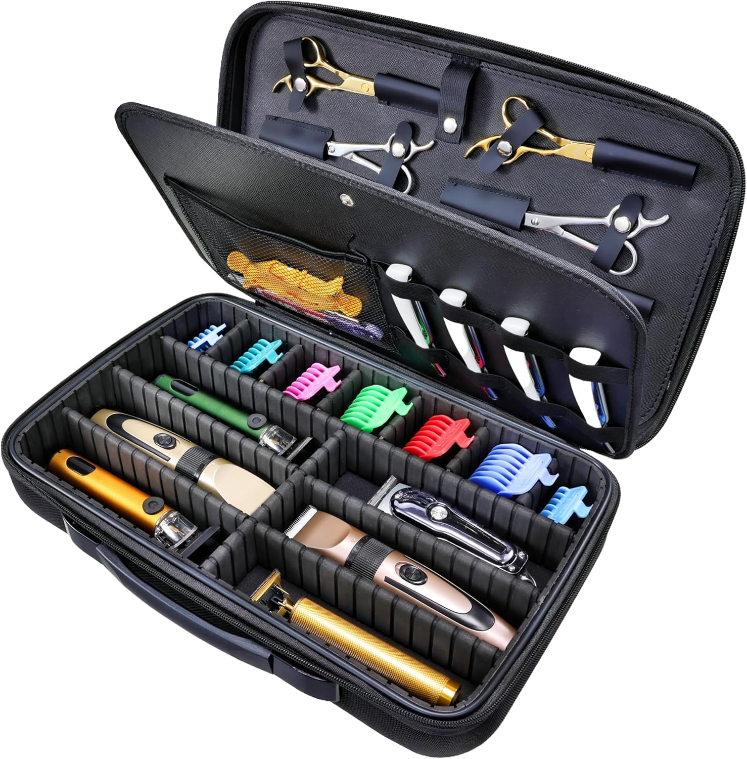 Yueieoun hair clippers case front view displaying the black scratch resistant nylon exterior and sturdy carry handle.