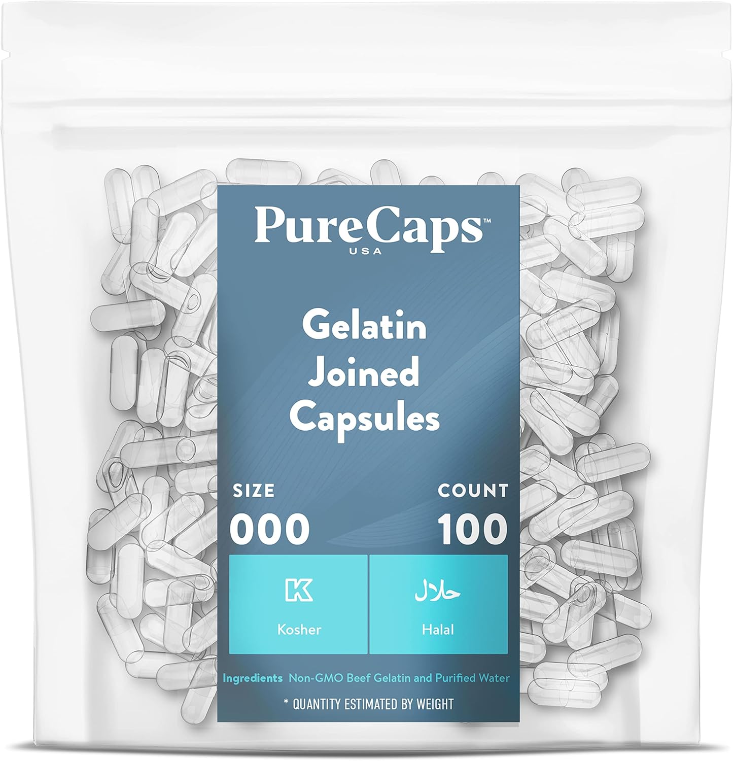 PureCaps USA Size 000 empty clear gelatin capsules front packaging view