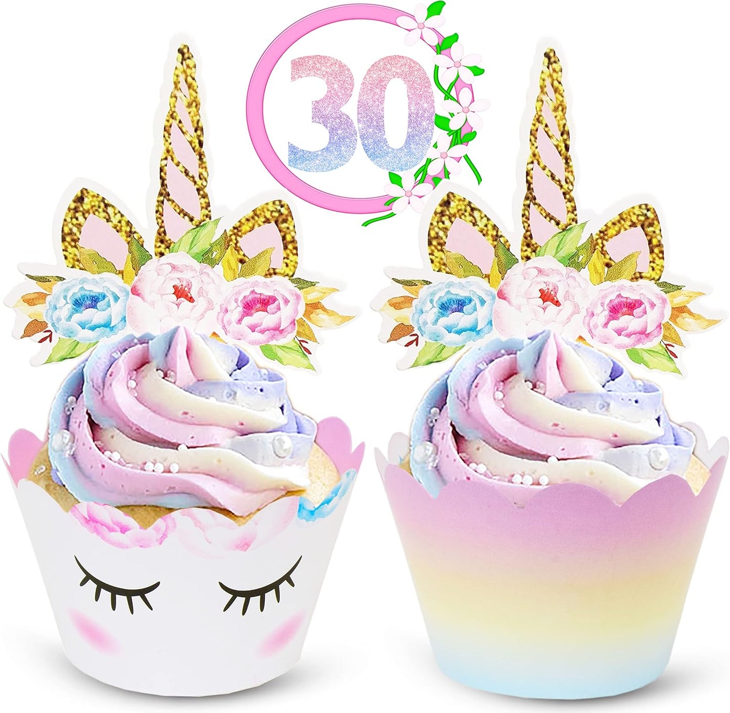 Ecozen unicorn cupcake toppers and wrappers set front view