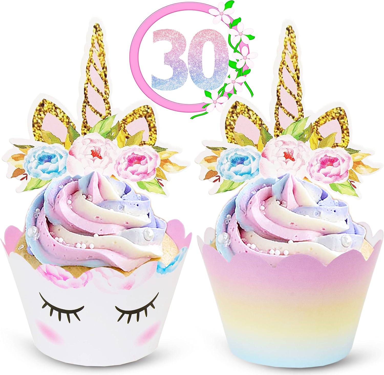 Ecozen unicorn cupcake toppers and wrappers set front view