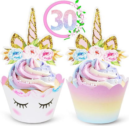 Ecozen unicorn cupcake toppers and wrappers set front view