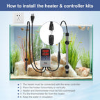 Submersible fish tank heater showing temperature probe and power cords.