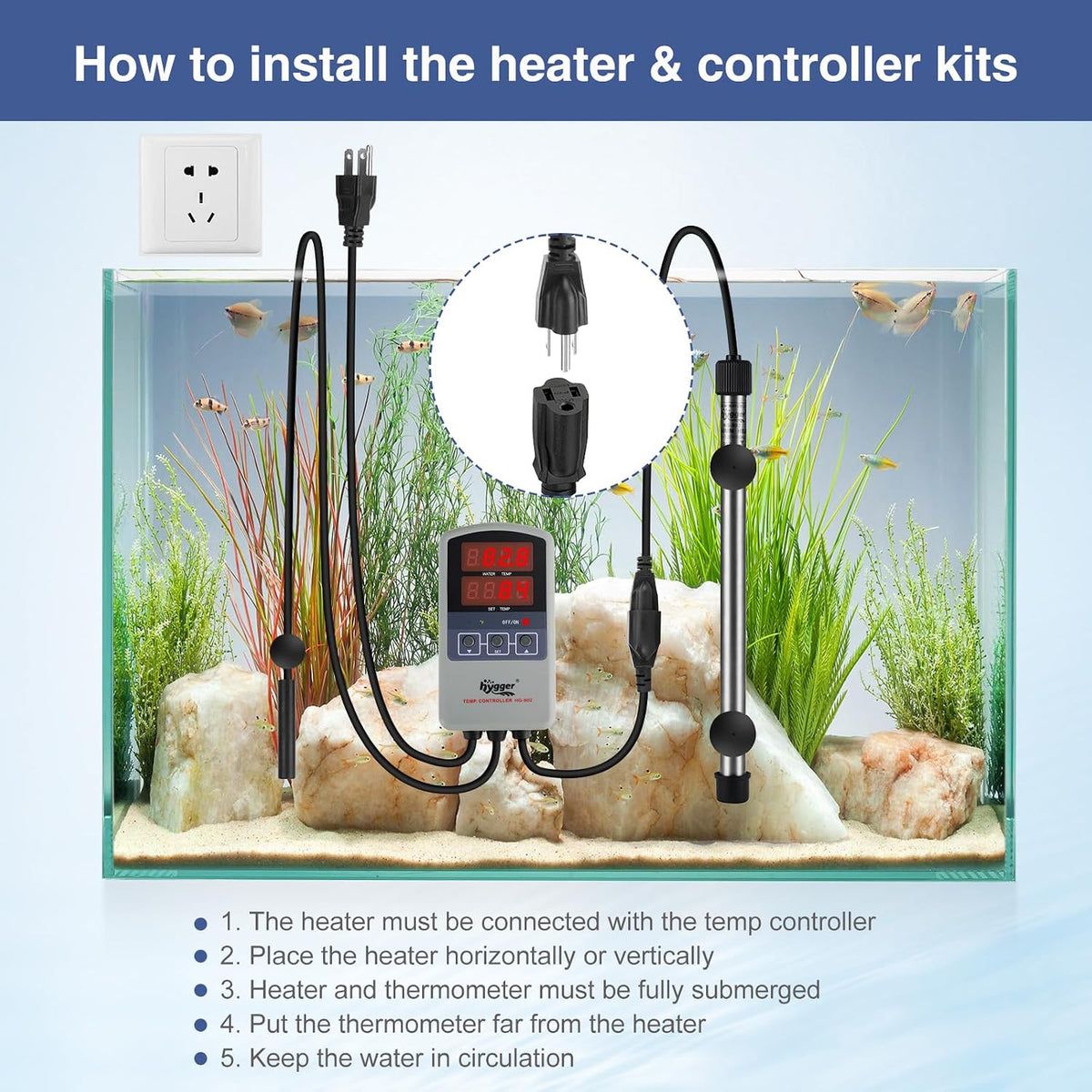 Submersible fish tank heater showing temperature probe and power cords.