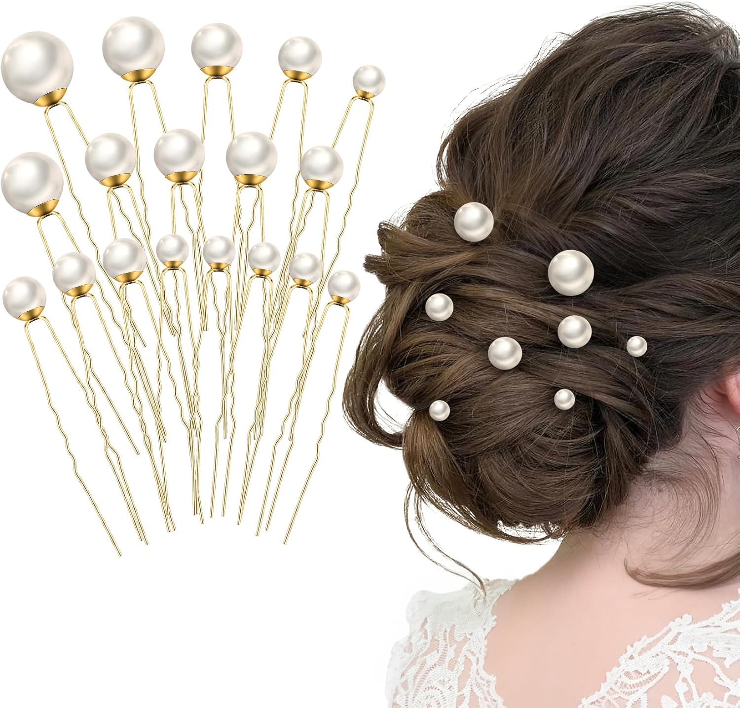 Shidara 18 Pieces Wedding Pearl Hair Pins front view displaying various sizes of faux pearls on gold U-shaped clips.