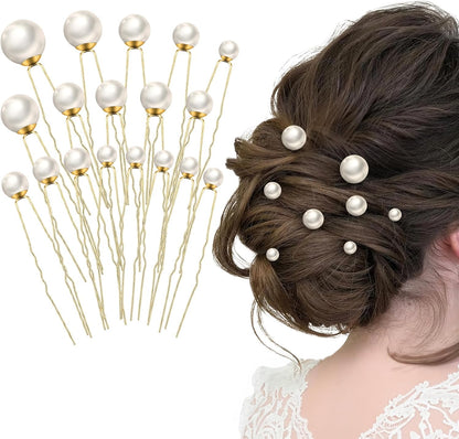 Shidara 18 Pieces Wedding Pearl Hair Pins front view displaying various sizes of faux pearls on gold U-shaped clips.