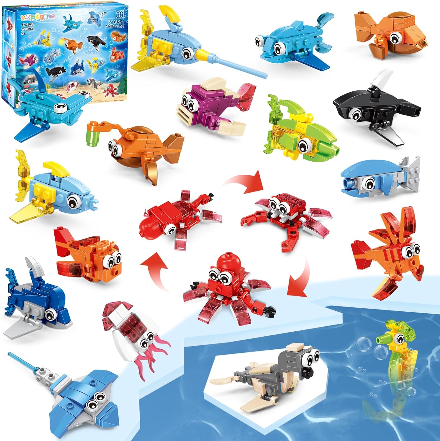 VOPOGLNE marine animals building blocks toy set front view showcasing multiple packages of colorful sea creature bricks.