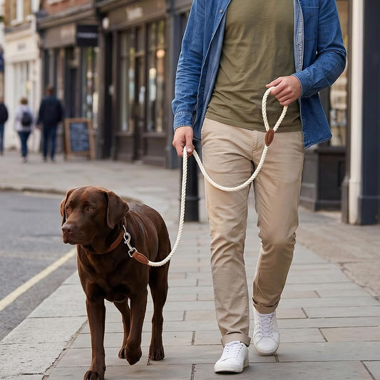 Mile High Life heavy duty rope lead for large dogs highlighting the premium rustproof metal clasp connection.