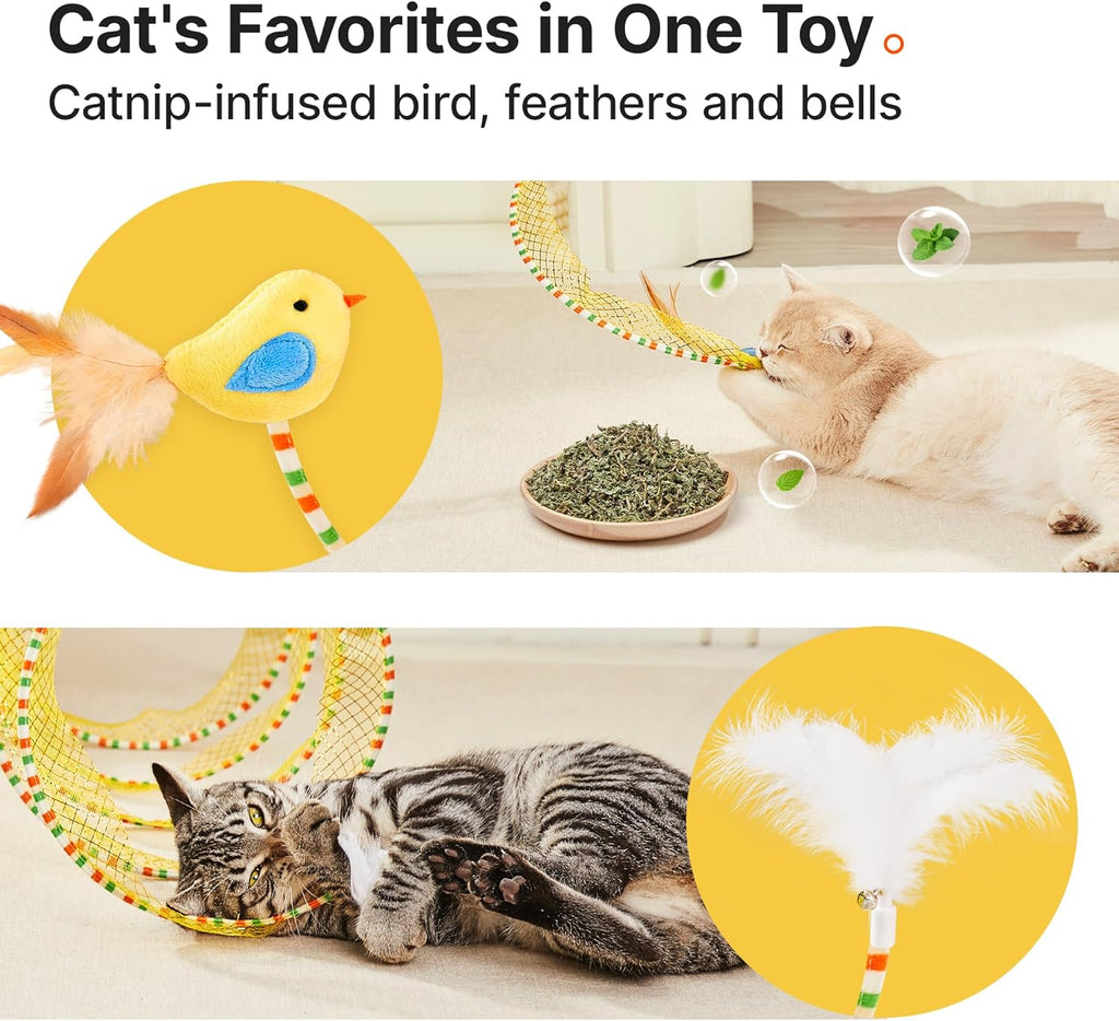 Potaroma mesh spring cat tunnel with a built in catnip infused bird toy for independent pet exercise.