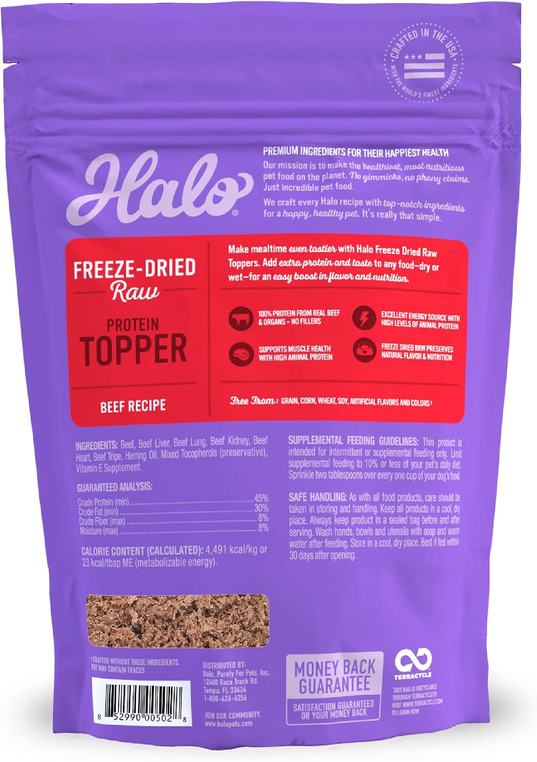 Halo beef recipe dog food topper ingredient list and nutritional facts