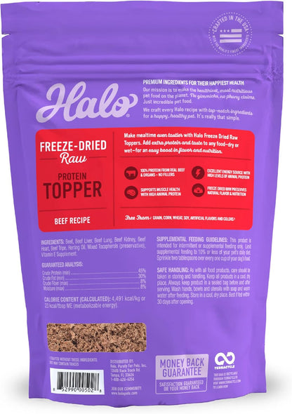 Halo beef recipe dog food topper ingredient list and nutritional facts