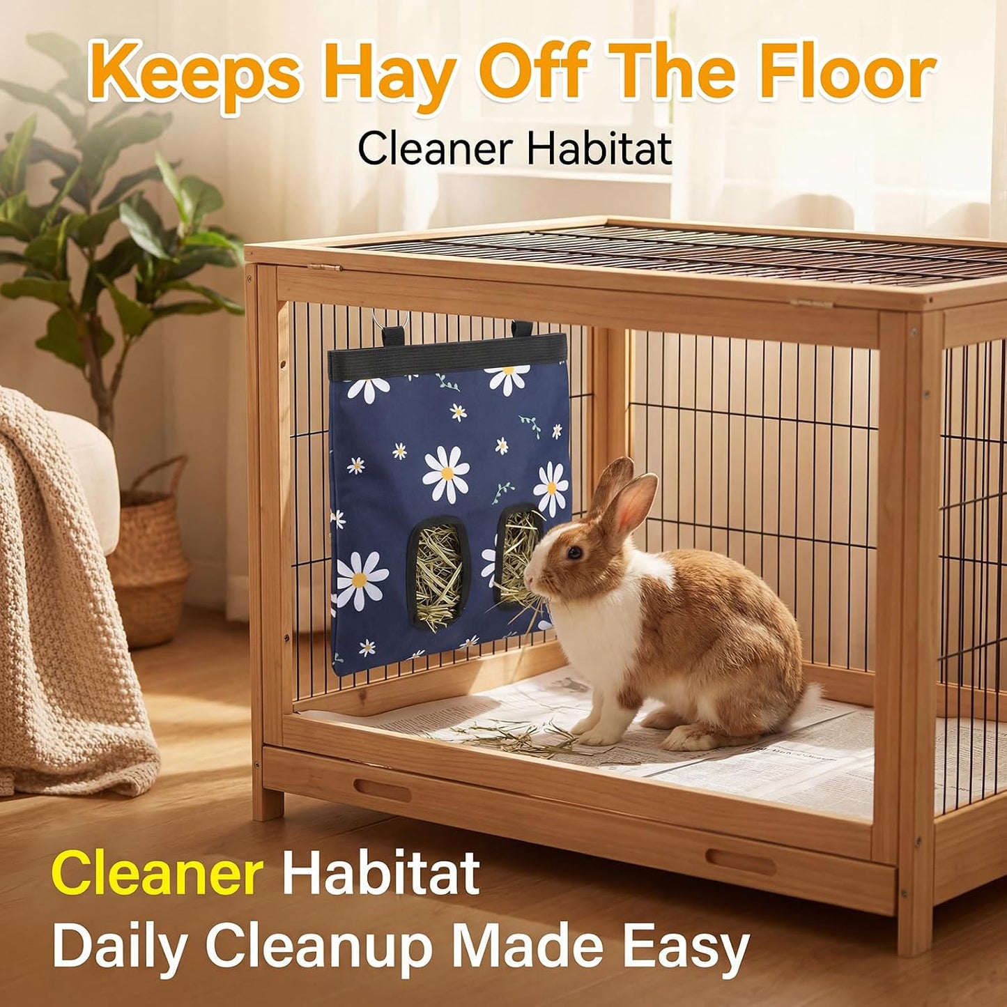 Ondware Rabbits Hay Feeder Bag for Bunny - Hanging Washable Dual-Port Hay Dispenser for Rabbits, Guinea Pigs; 600D Oxford Fabric, Collapsible, Blue Daisy Pattern - Image 5