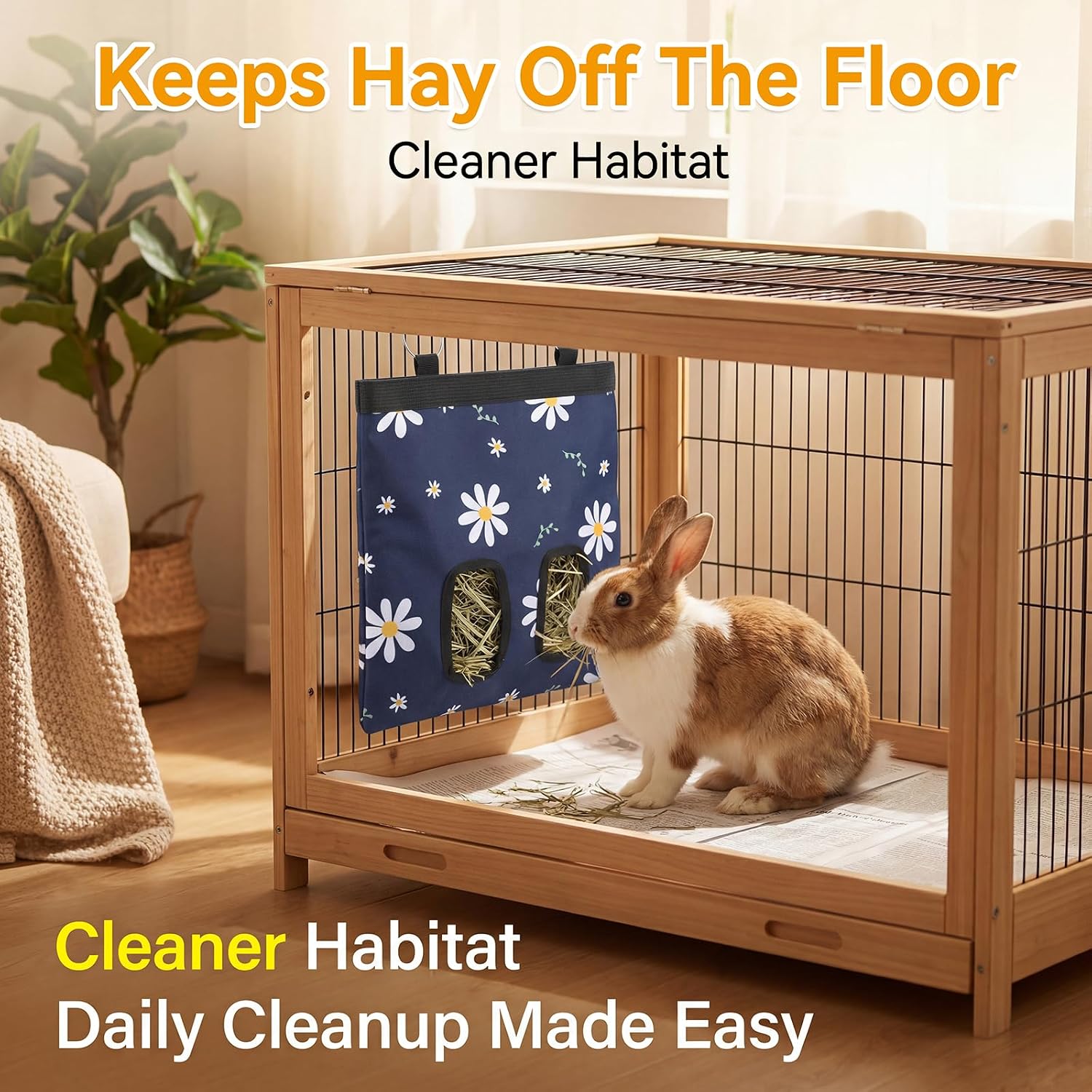 Ondware Rabbits Hay Feeder Bag for Bunny - Hanging Washable Dual-Port Hay Dispenser for Rabbits, Guinea Pigs; 600D Oxford Fabric, Collapsible, Blue Daisy Pattern - Image 5