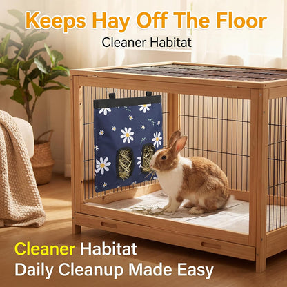 Ondware Rabbits Hay Feeder Bag for Bunny - Hanging Washable Dual-Port Hay Dispenser for Rabbits, Guinea Pigs; 600D Oxford Fabric, Collapsible, Blue Daisy Pattern - Image 5