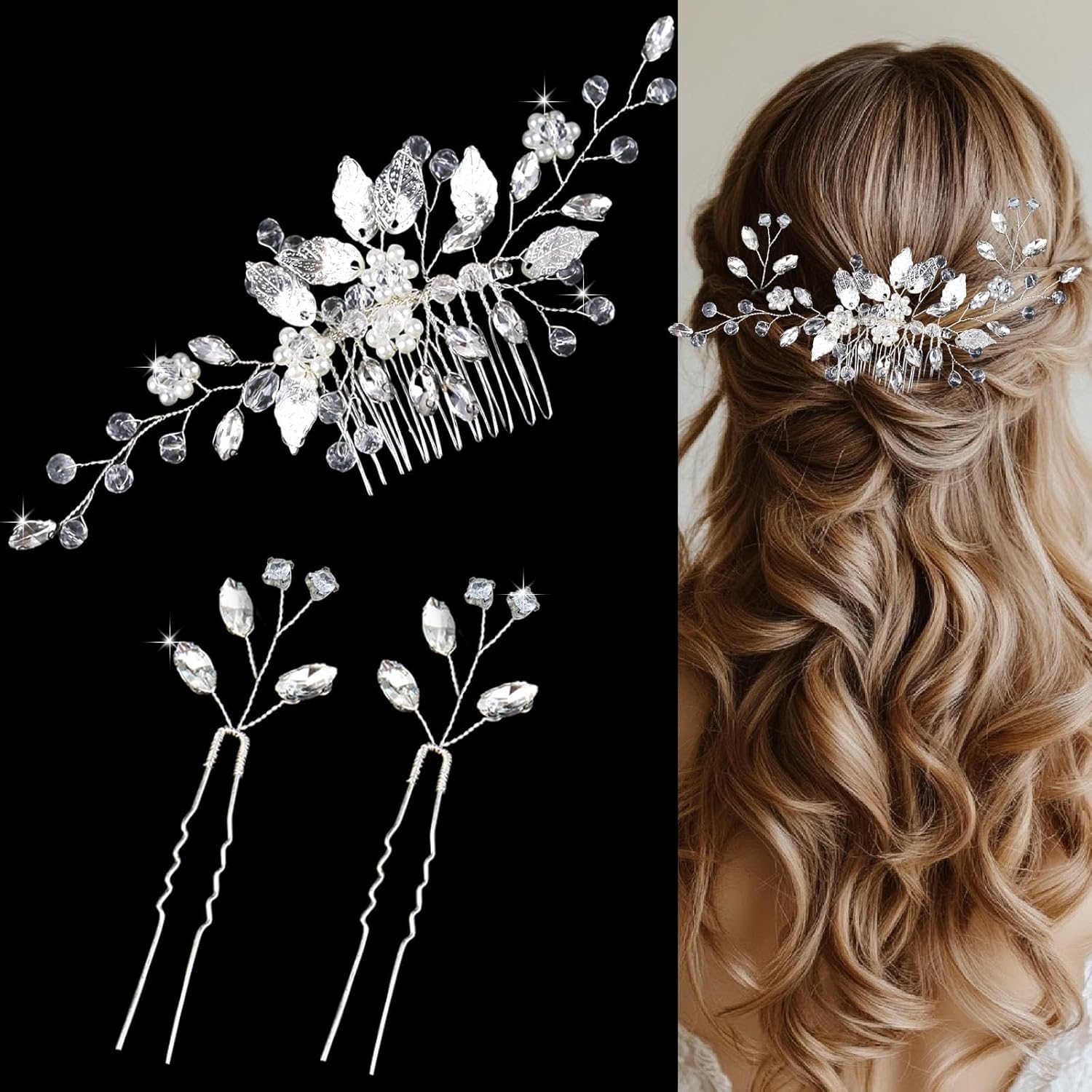 SHEHARUHI crystal wedding hair accessories silver bridal comb and pins front view showcasing rhinestone leaves and pearls