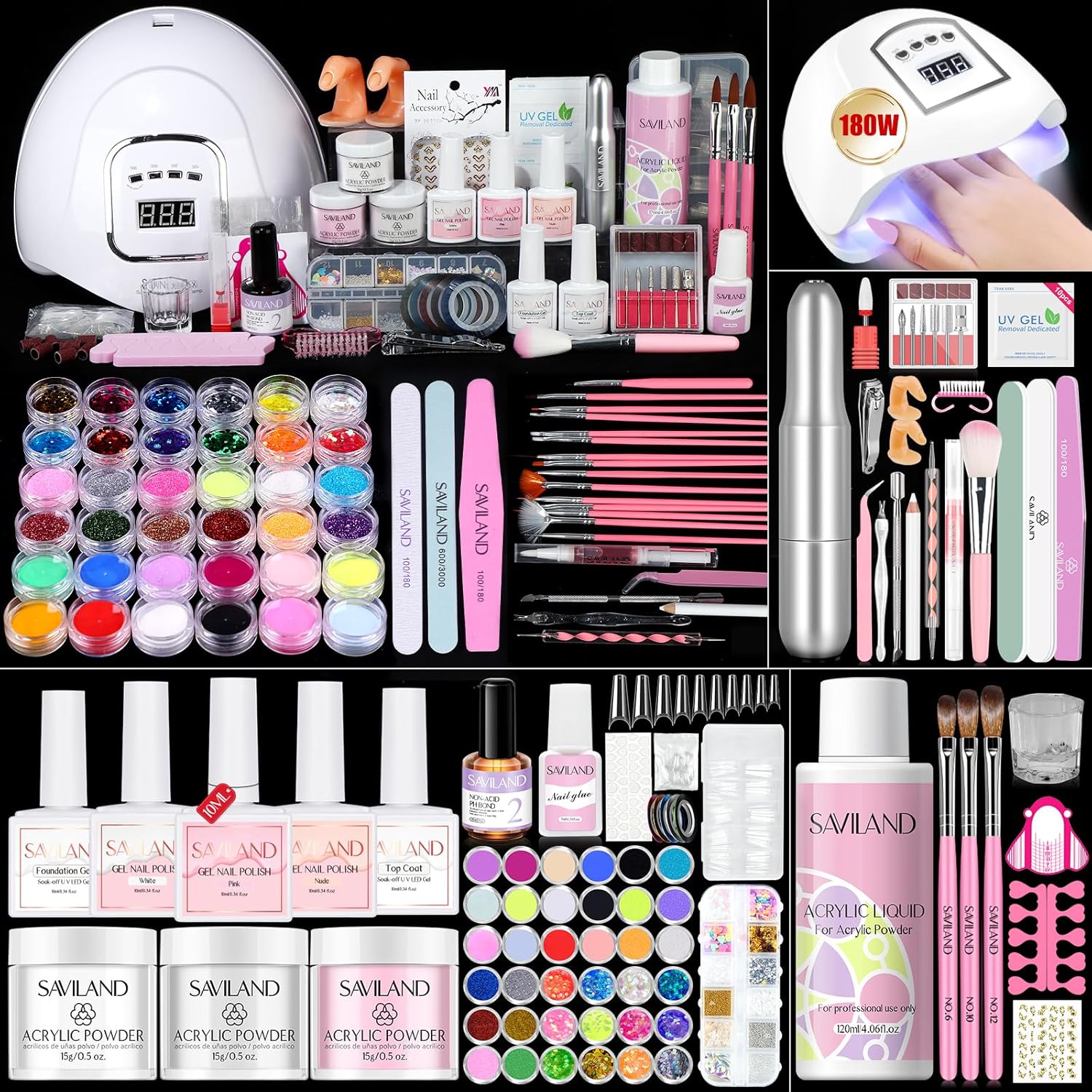Saviland acrylic nail kit for beginners front view with nail lamp