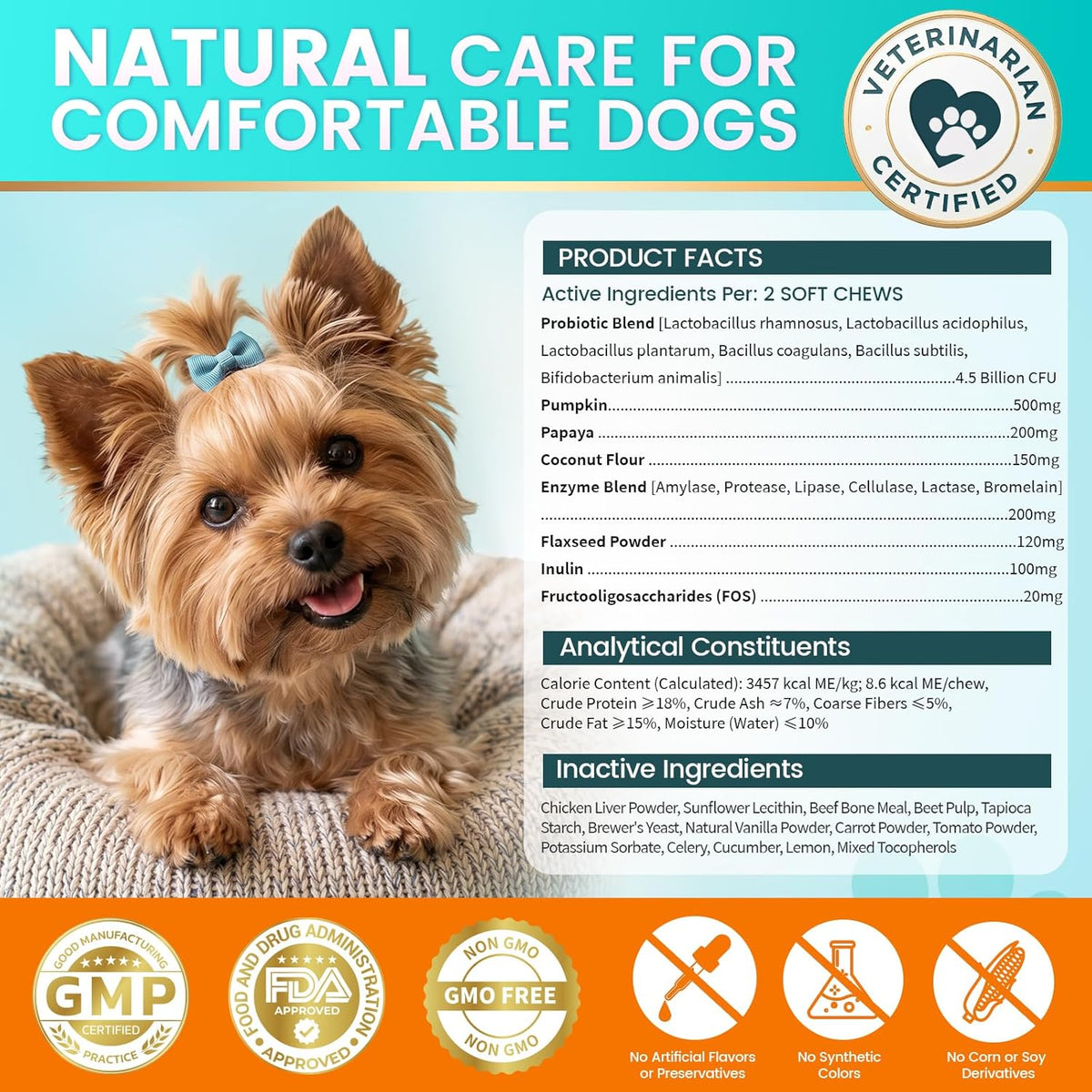 Carmelie probiotics for dogs two month supply container for balancing pet gut microbiome.