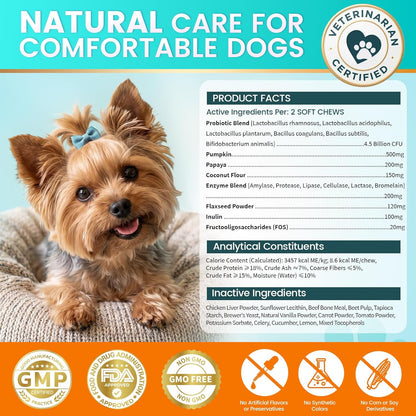 Carmelie probiotics for dogs two month supply container for balancing pet gut microbiome.