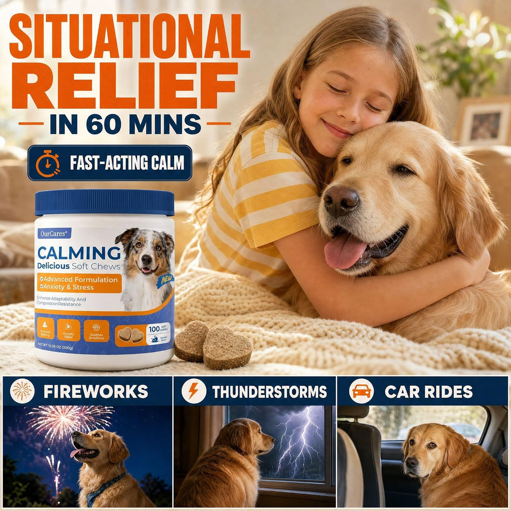 Non drowsy pet stress relief chews for thunderstorms and separation anxiety.