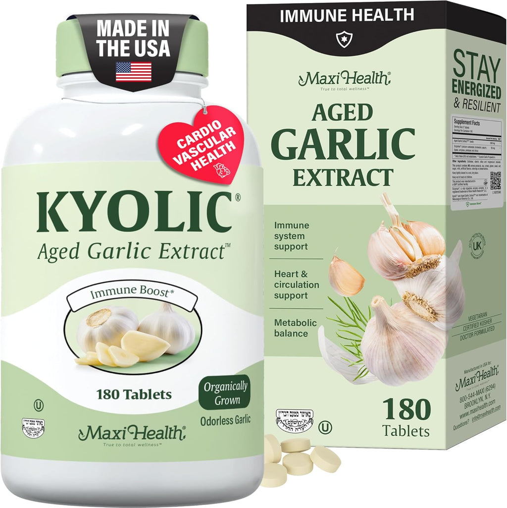 Maxi Health Kyolic Organic Aged Garlic Extract 180 tablets front view premium wellness supplement