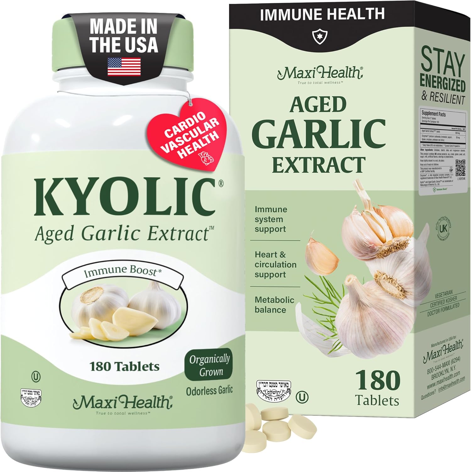 Maxi Health Kyolic Organic Aged Garlic Extract 180 tablets front view premium wellness supplement