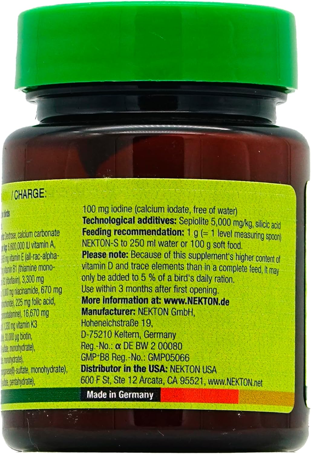 Side view of Nekton-S 35 gram jar showing the nutritional composition facts and ingredient list for birds