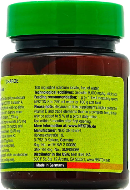 Side view of Nekton-S 35 gram jar showing the nutritional composition facts and ingredient list for birds