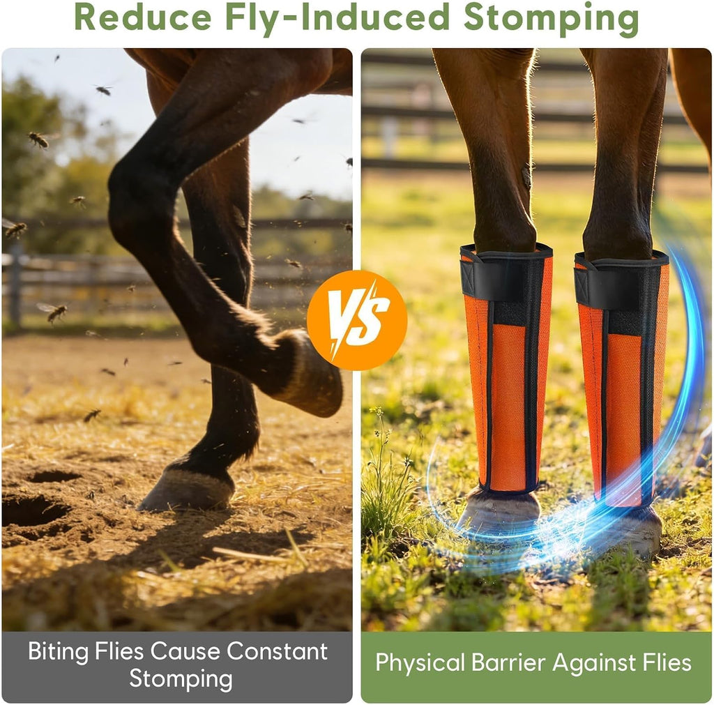 Orange horse fly wraps secured tightly demonstrating non slip fit