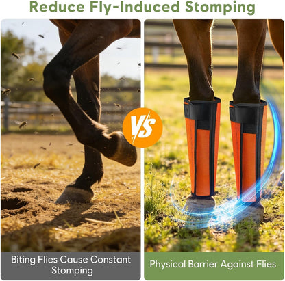 Orange horse fly wraps secured tightly demonstrating non slip fit