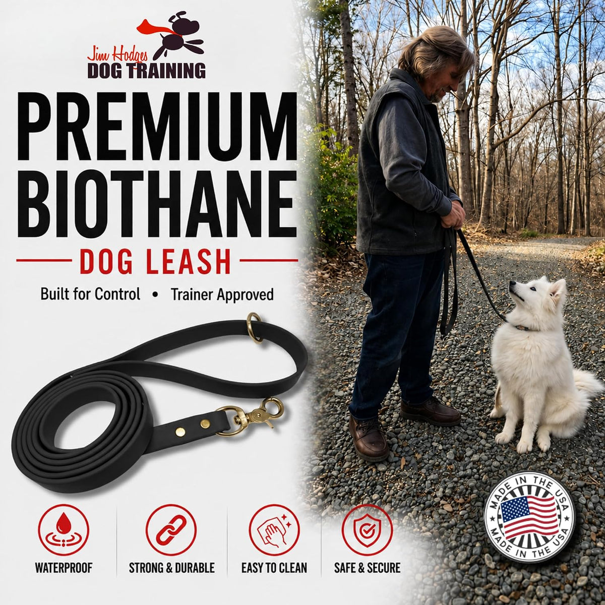 Jim Hodges Gummy K9 waterproof dog leash close up view of solid brass snap hook