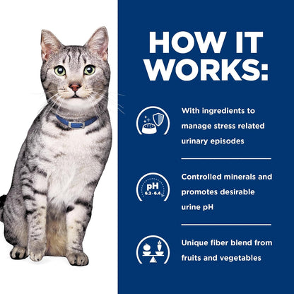 Close up of Hill's Prescription Diet weight management and urinary care dry cat food kibble presentation