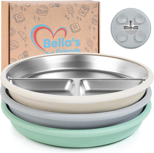 Bella's Friends stainless steel toddler plates front view with suction