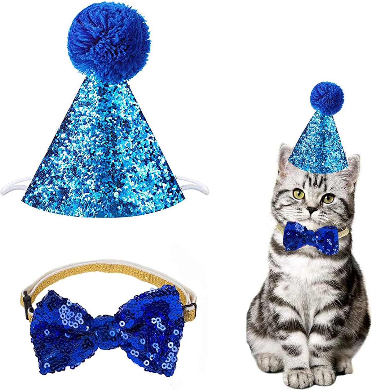 Christmas Pet Party Jazz Hat and Blingbling Bow Tie Breakaway Collar Set, Adjustable Headband for Kitten Puppy Small Dogs Cats (01 Light Blue) - Image 12