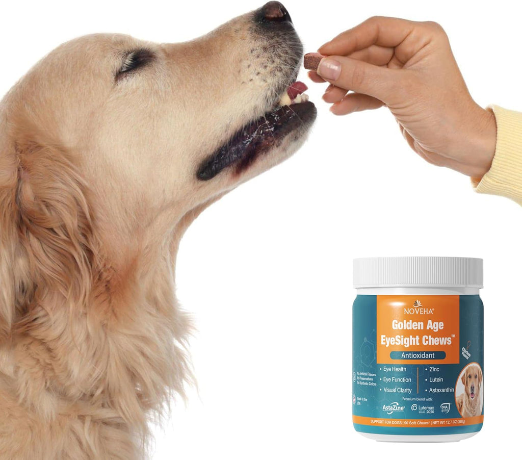 USA imported Noveha visual health supplement container for senior pets.