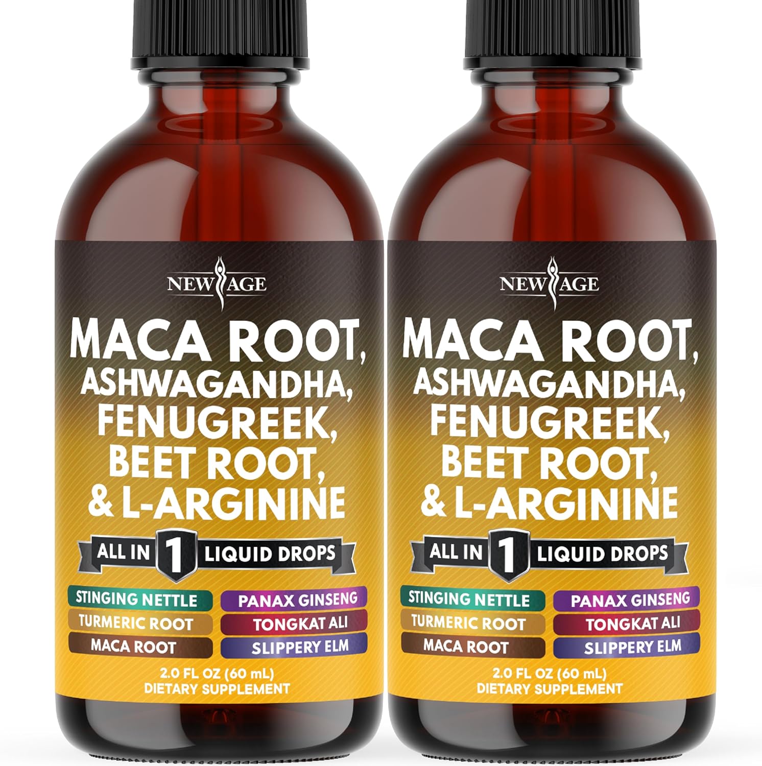 New Age Organic Maca Root Liquid Drops front view showing the product packaging and formula benefits.