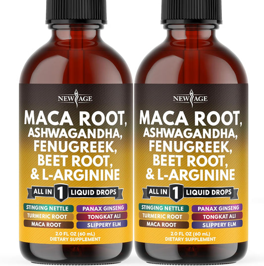 New Age Organic Maca Root Liquid Drops front view showing the product packaging and formula benefits.