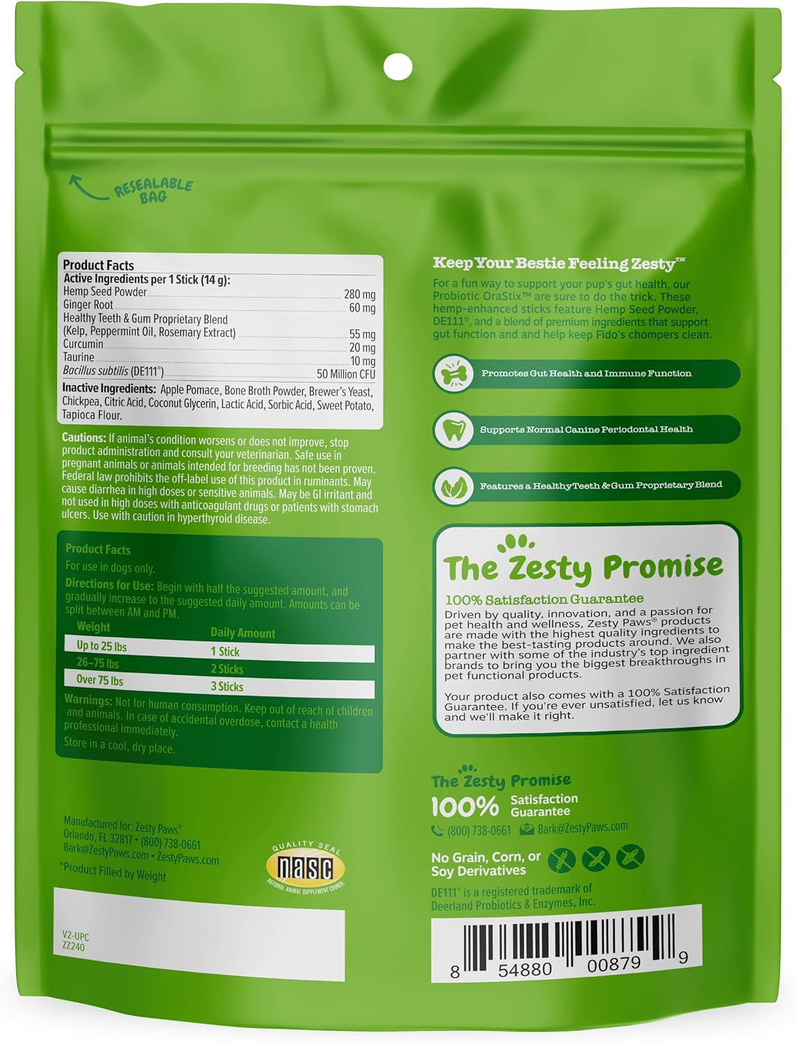 Close up of Zesty Paws OraStix packaging displaying the Bacillus subtilis probiotic count.
